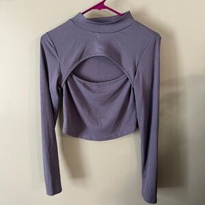 Ribbed Mock Neck Cut-Out Long Sleeve Top/Purple/Large
